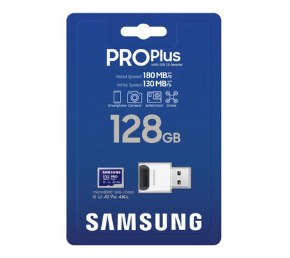 Card Memorie microSDXC Samsung PRO Plus, 128Gb, Clasa 10 / UHS-1 U3, cu Cititor Card MB-MD128SB/WW