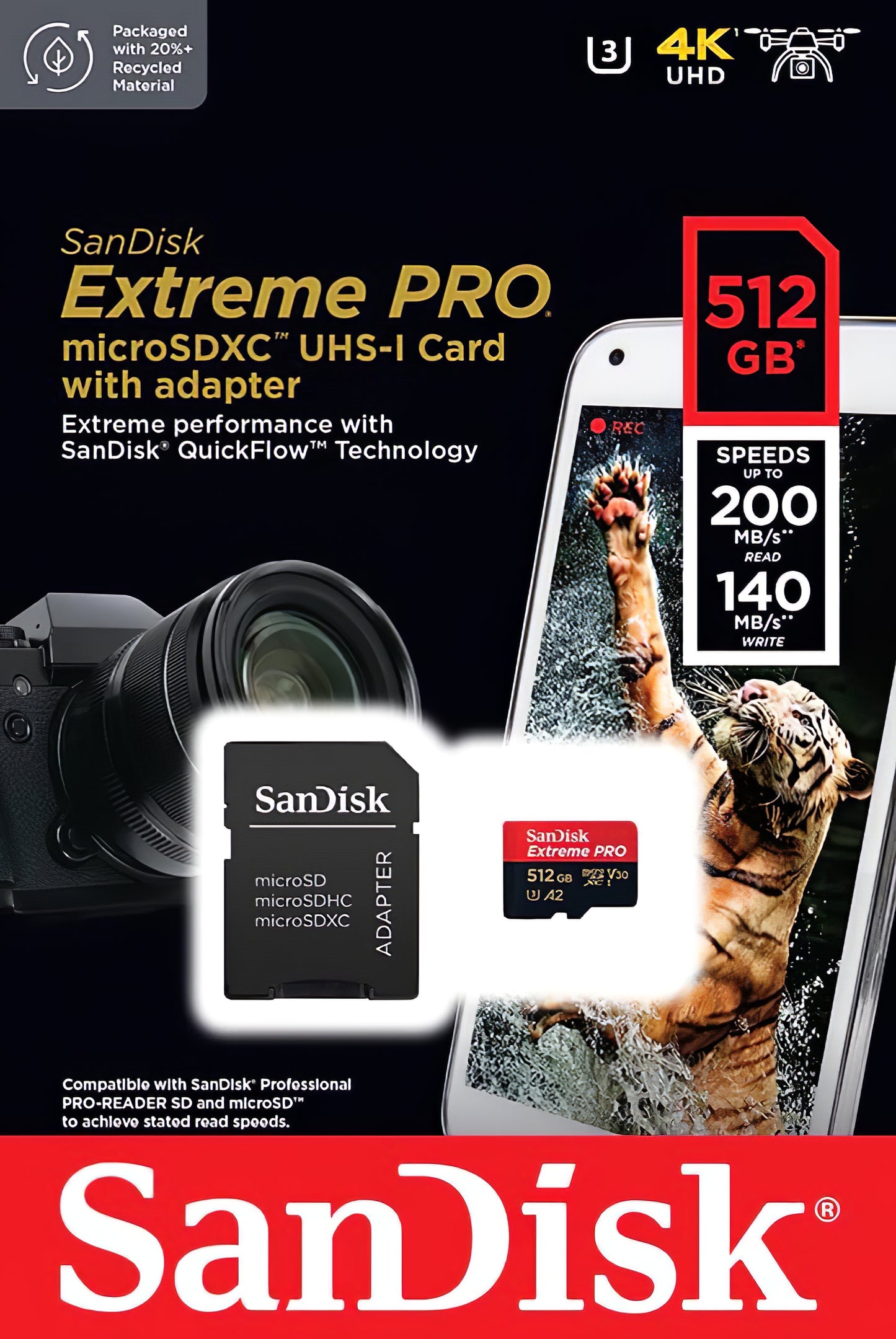 Card Memorie microSDXC SanDisk Extreme Pro, 512Gb, Clasa 10 / UHS-1 U3, Cu Adaptor SDSQXCD-512G-GN6MA