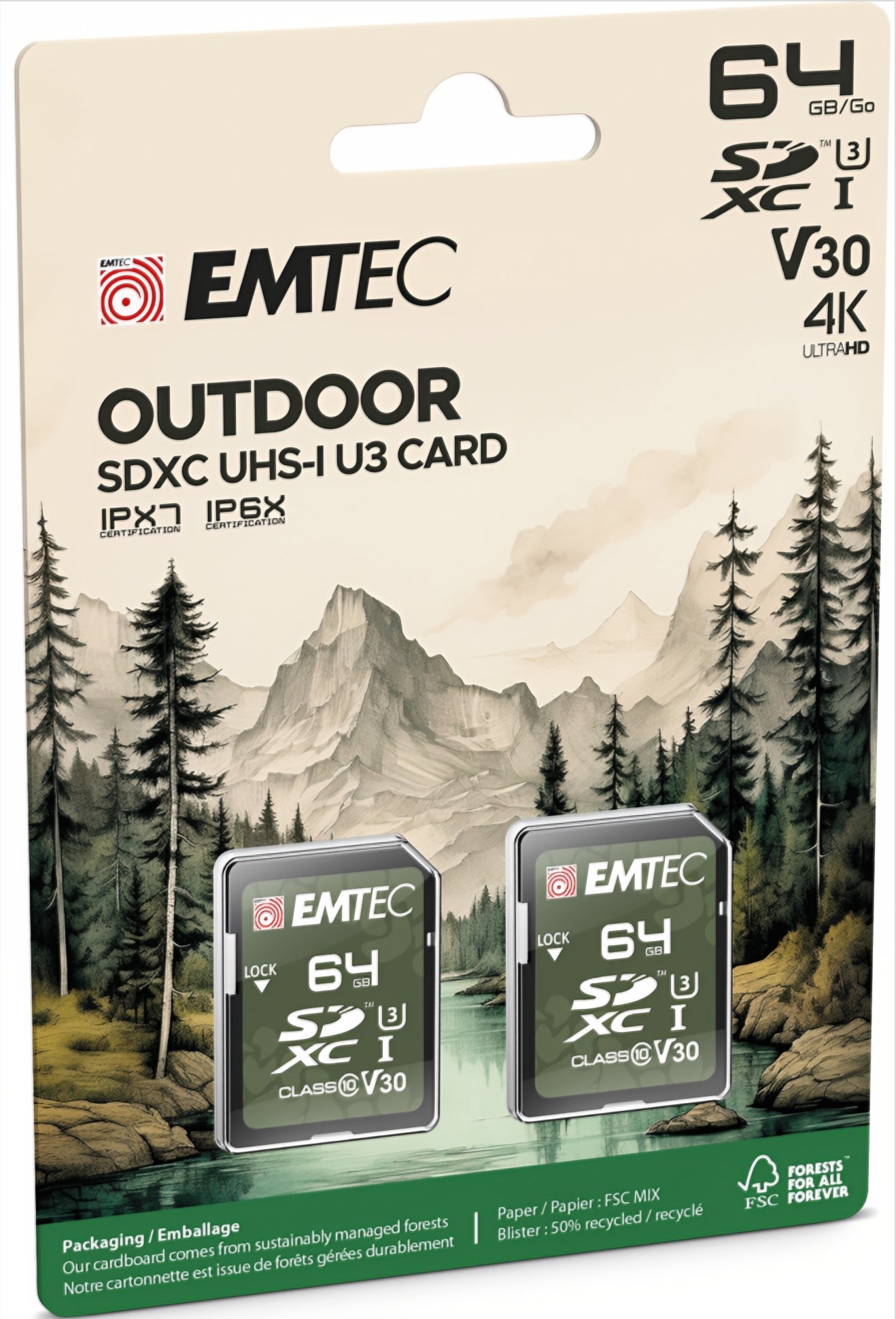 Card Memorie SDXC Emtec Rugged Outdoor, 64Gb, Clasa 10 / UHS-1 U3, Set 2 bucati ECMSD64GXCU3ORP