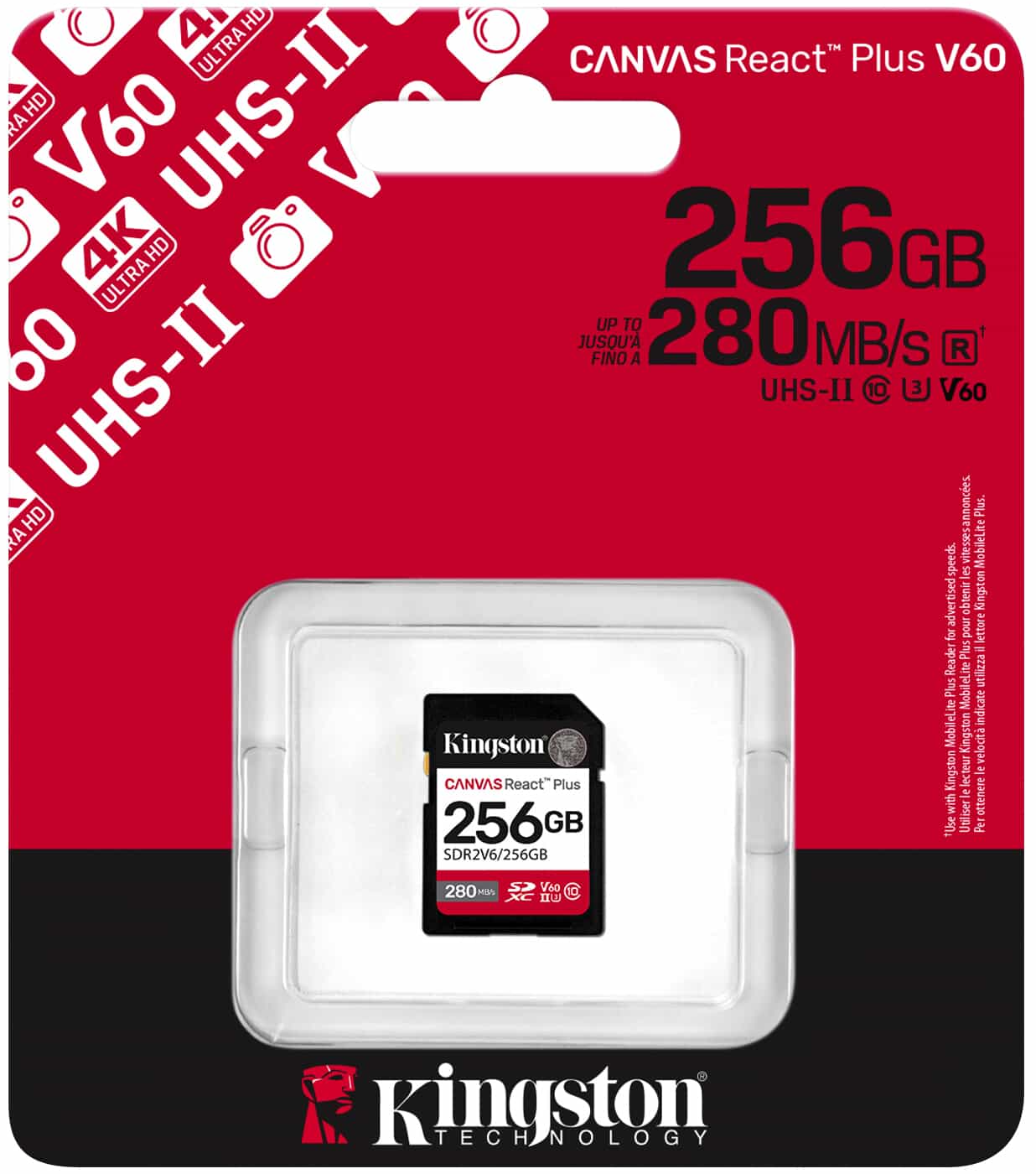 Card Memorie SDXC Kingston Canvas React Plus, 256Gb, Clasa 10 / UHS-2 U3 SDR2V6/256GB