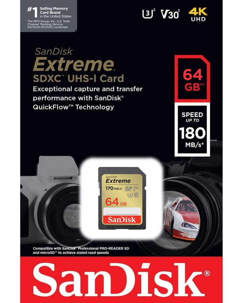 Card Memorie SDXC SanDisk Extreme, 64Gb, Clasa 10 / UHS-1 U3 SDSDXV2-064G-GNCIN