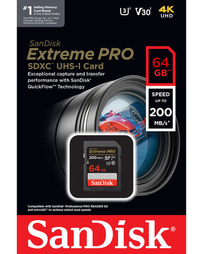 Card Memorie SDXC SanDisk Extreme Pro, 64Gb, Clasa 10 / UHS-1 U3 SDSDXXU-064G-GN4IN