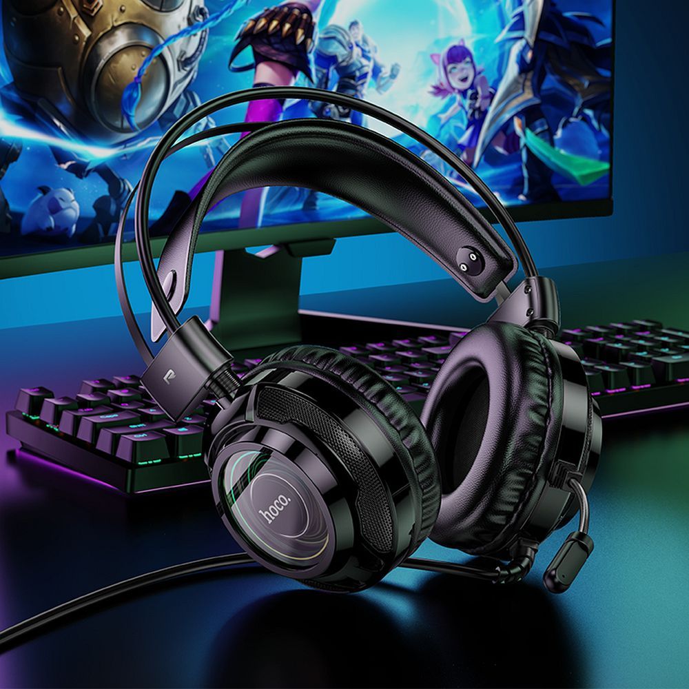 Casti Gaming 3.5mm HOCO W110, RGB, Negre