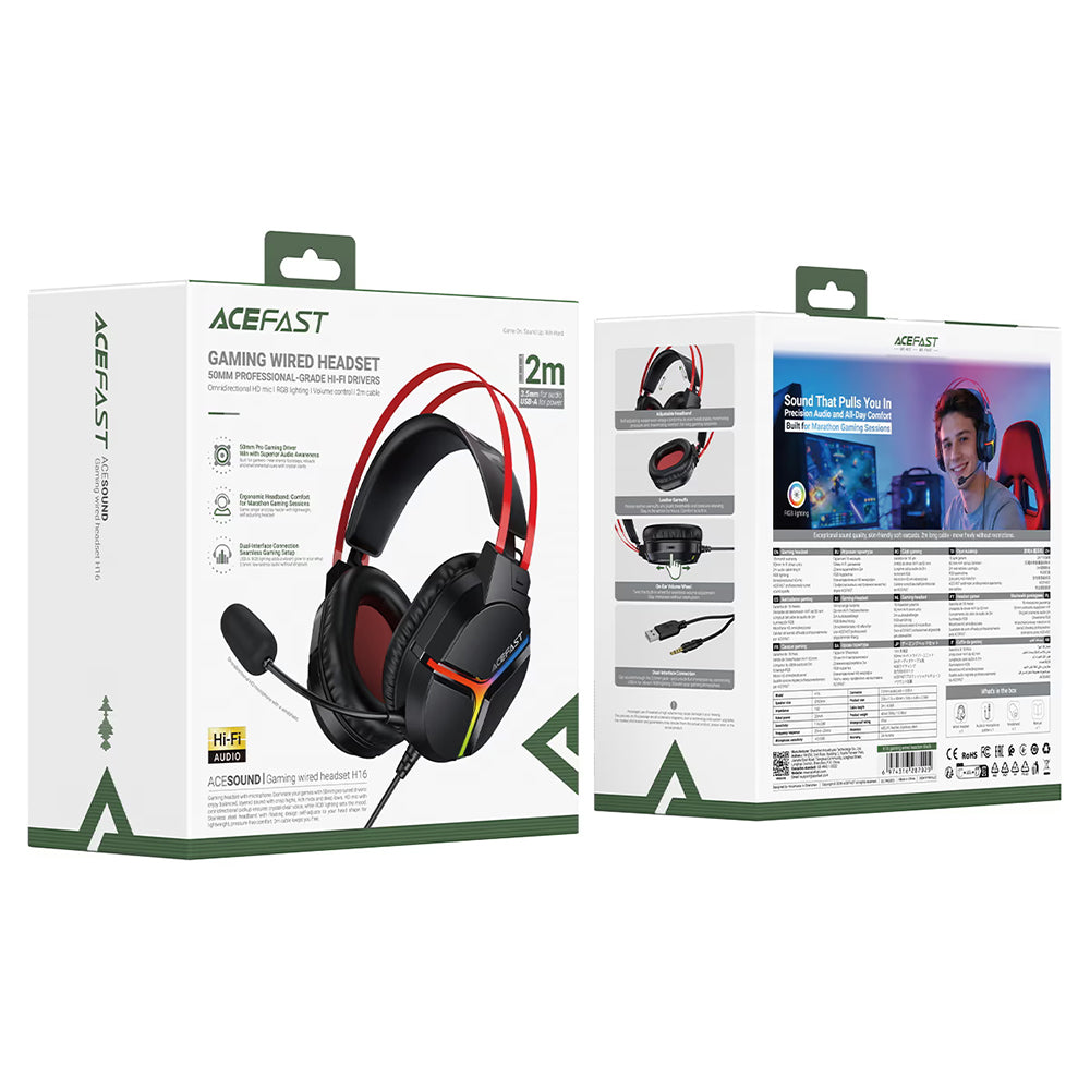 Casti Gaming 3.5mm Acefast H16, RGB, 2m, Negre