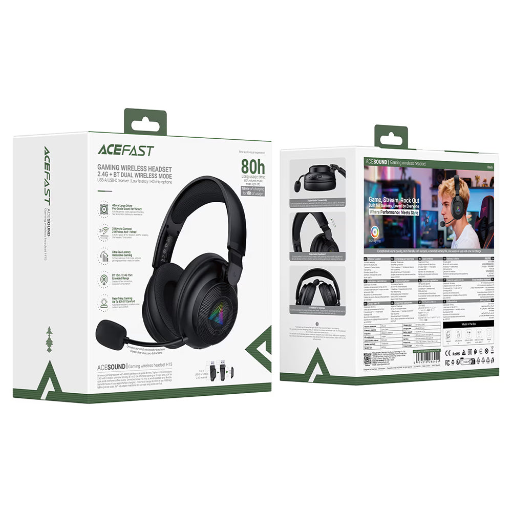 Casti Gaming Wireless Acefast H15, RGB, BT / Wi-FI / Wired, Negre