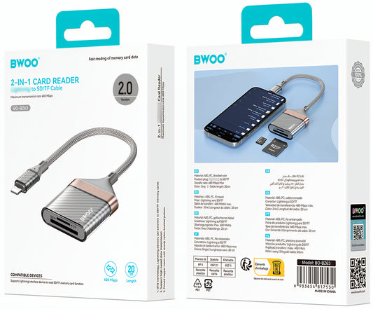 Cititor Card Lightning BWOO BZ63, SD - microSD, Gri