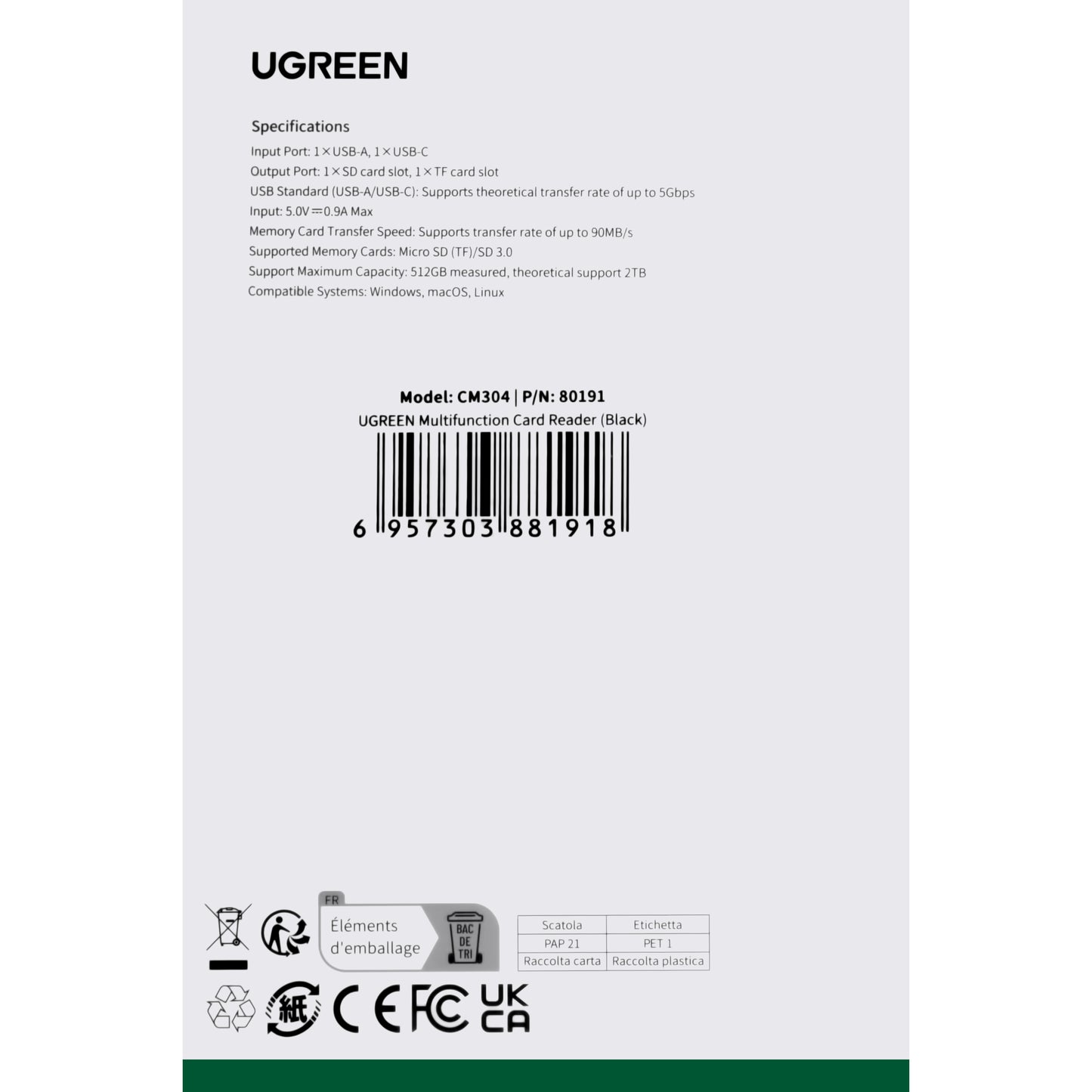 Cititor Card USB / USB-C UGREEN CM304, SD - microSD, Negru