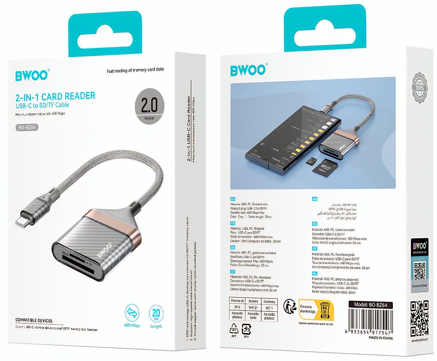 Cititor Card USB-C BWOO BZ64, SD - microSD, Gri