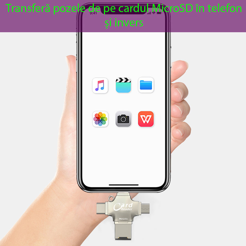 Cititor Card USB / USB-C / Lightning / microUSB Yesido GS13, microSD, Argintiu