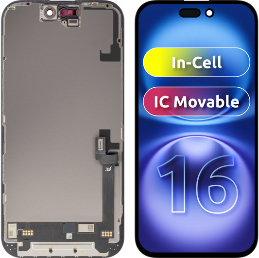 Display cu Touchscreen JK pentru Apple iPhone 16, cu Rama, Versiune LCD In-Cell IC Movable, Negru