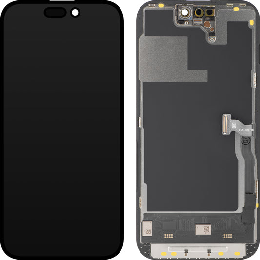 Display cu Touchscreen MP compatibil cu Apple iPhone 14 Pro, cu Rama, Versiune Soft OLED 120Hz FHD Diagnostic, Negru