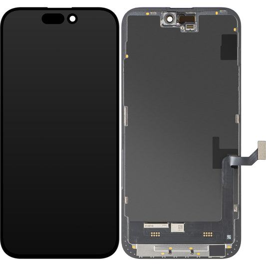 Display cu Touchscreen MP compatibil cu Apple iPhone 15 Plus, cu Rama, Versiune Soft OLED FHD IC Movable, Negru