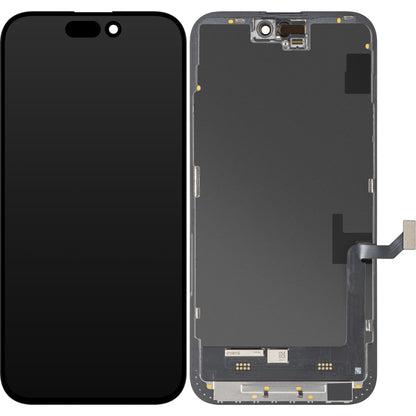 Display cu Touchscreen MP compatibil cu Apple iPhone 15 Plus, cu Rama, Versiune Soft OLED FHD IC Movable, Negru