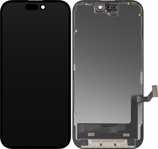 Display cu Touchscreen MP compatibil cu Apple iPhone 15, cu Rama, Versiune Soft OLED FHD Diagnostic, Negru