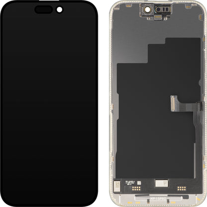 Display cu Touchscreen MP compatibil cu Apple iPhone 15 Pro, cu Rama, Versiune Premium Soft OLED FHD 120Hz Diagnostic, Negru