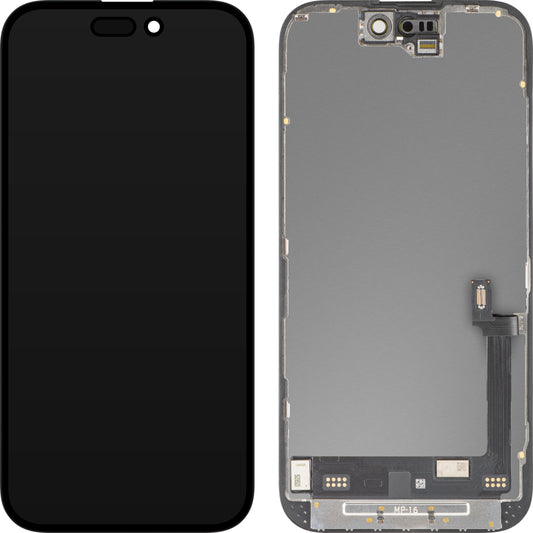 Display cu Touchscreen MP compatibil cu Apple iPhone 16, cu Rama, Versiune Premium Soft OLED FHD Diagnostic, Negru