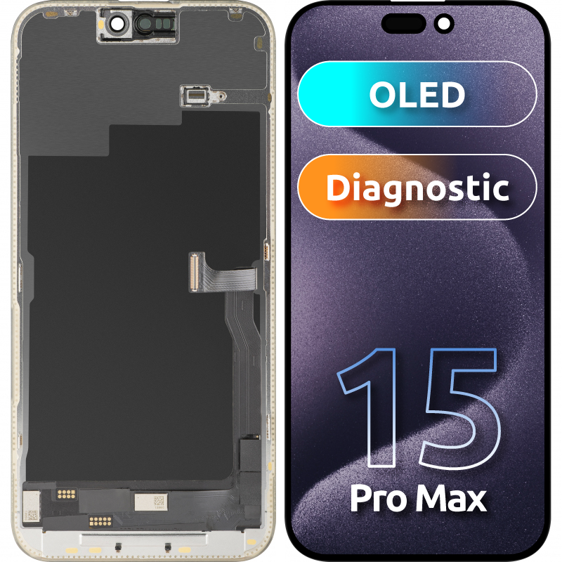 Display cu Touchscreen MP compatibil cu Apple iPhone 15 Pro Max, cu Rama, Versiune OLED FHD Diagnostic, Negru, Resigilat
