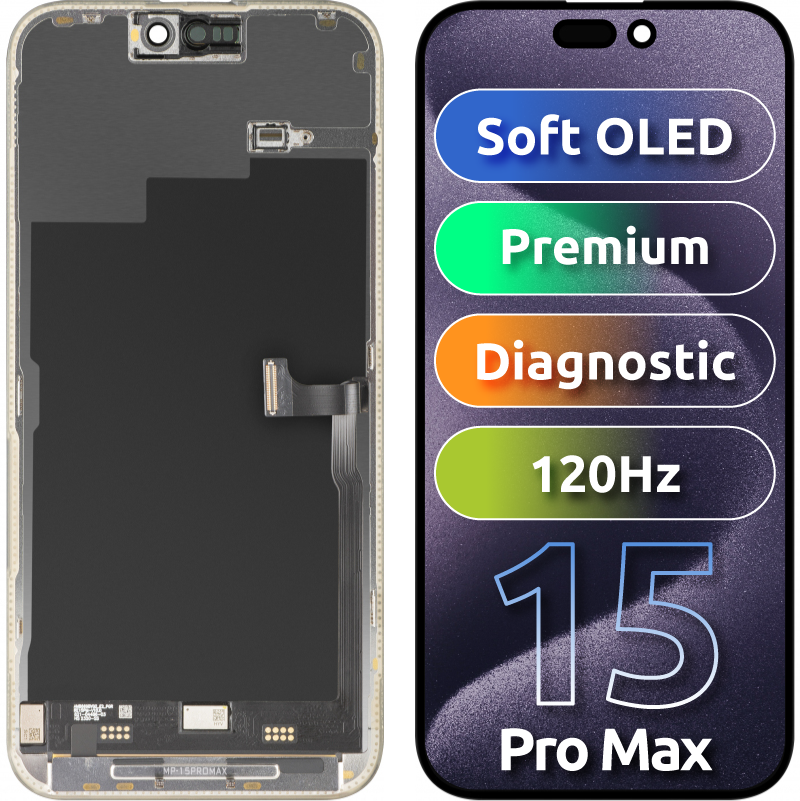 Display cu Touchscreen MP compatibil cu Apple iPhone 15 Pro Max, cu Rama, Versiune Premium Soft OLED FHD 120Hz Diagnostic, Negru, Resigilat