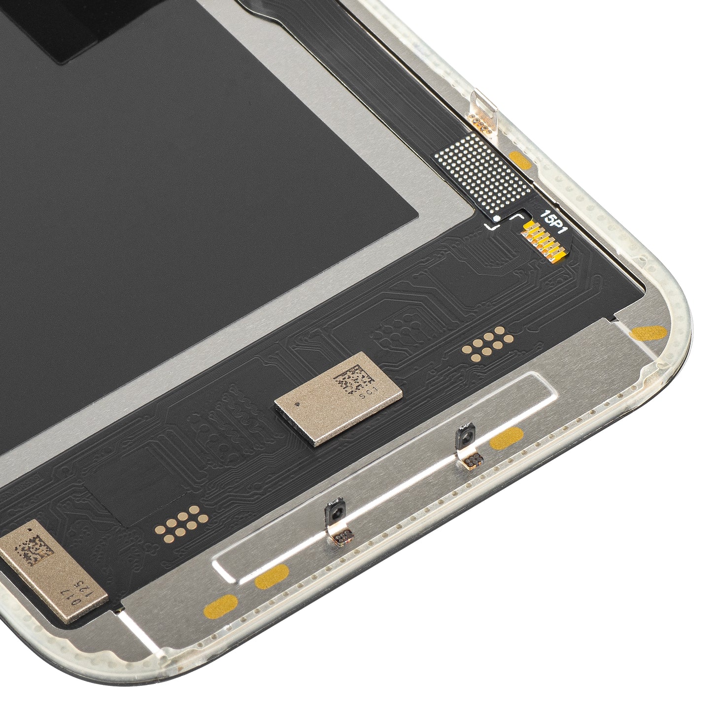 Display cu Touchscreen MP compatibil cu Apple iPhone 15 Pro, cu Rama, Versiune Soft OLED IC Movable 120Hz FHD, Negru
