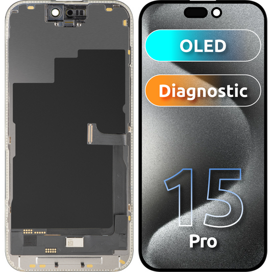 Display cu Touchscreen MP compatibil cu Apple iPhone 15 Pro, cu Rama, Versiune OLED FHD Diagnostic, Negru
