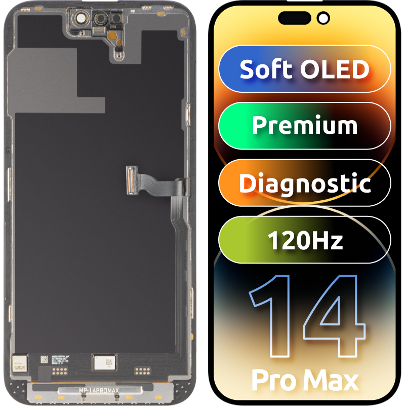 Display cu Touchscreen MP compatibil cu Apple iPhone 14 Pro Max, cu Rama, Versiune Premium Soft OLED FHD 120Hz Diagnostic, Negru
