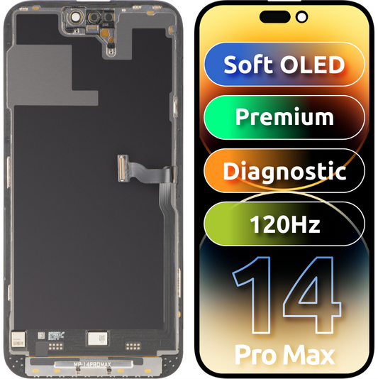 Display cu Touchscreen MP compatibil cu Apple iPhone 14 Pro Max, cu Rama, Versiune Premium Soft OLED FHD 120Hz Diagnostic, Negru