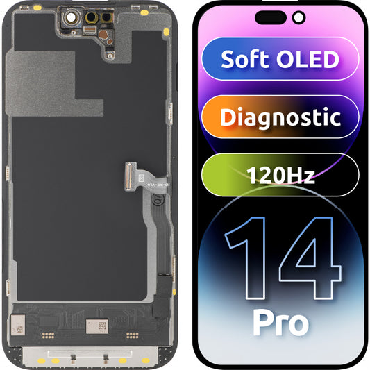 Display cu Touchscreen MP compatibil cu Apple iPhone 14 Pro, cu Rama, Versiune Soft OLED 120Hz FHD Diagnostic, Negru