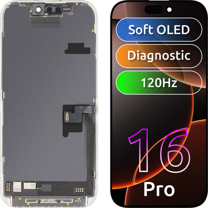 Display cu Touchscreen MP compatibil cu Apple iPhone 16 Pro, cu Rama, Versiune Soft OLED FHD 120Hz Diagnostic, Negru