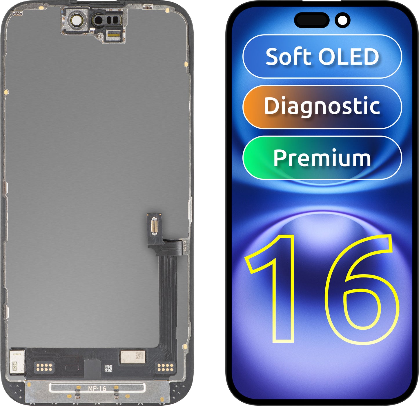 Display cu Touchscreen MP compatibil cu Apple iPhone 16, cu Rama, Versiune Premium Soft OLED FHD Diagnostic, Negru