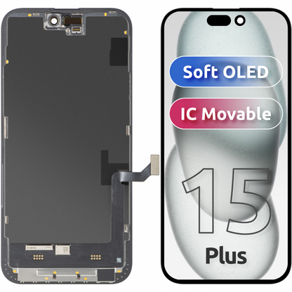 Display cu Touchscreen MP compatibil cu Apple iPhone 15 Plus, cu Rama, Versiune Soft OLED FHD IC Movable, Negru
