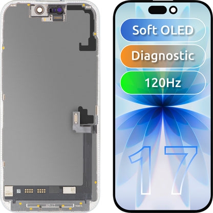 Display cu Touchscreen MP compatibil cu Apple iPhone 17, cu Rama, Versiune Soft OLED FHD 120Hz Diagnostic, Negru