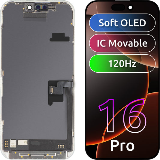 Display cu Touchscreen MP compatibil cu Apple iPhone 16 Pro, cu Rama, Versiune Soft OLED FHD 120Hz IC Movable, Negru