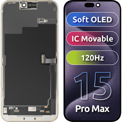 Display cu Touchscreen MP compatibil cu Apple iPhone 15 Pro Max, cu Rama, Versiune Soft OLED IC Movable 120Hz FHD, Negru