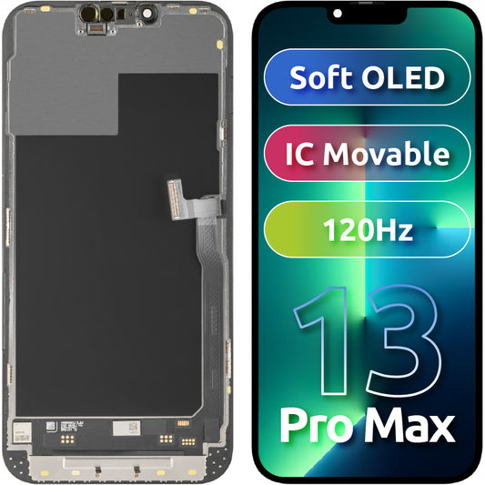 Display cu Touchscreen MP compatibil cu Apple iPhone 13 Pro Max, cu Rama, Versiune Soft OLED IC Movable 120Hz FHD, Negru