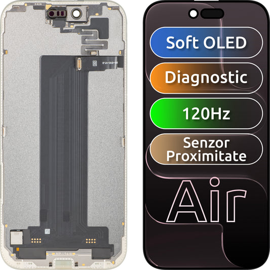 Display cu Touchscreen si Senzor Proximitate Lumina MP compatibil cu Apple iPhone 17 Air, cu Rama, Versiune Soft OLED FHD 120Hz Diagnostic, Negru
