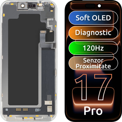 Display cu Touchscreen si Senzor Proximitate Lumina MP compatibil cu Apple iPhone 17 Pro, cu Rama, Versiune Soft OLED FHD 120Hz Diagnostic, Negru