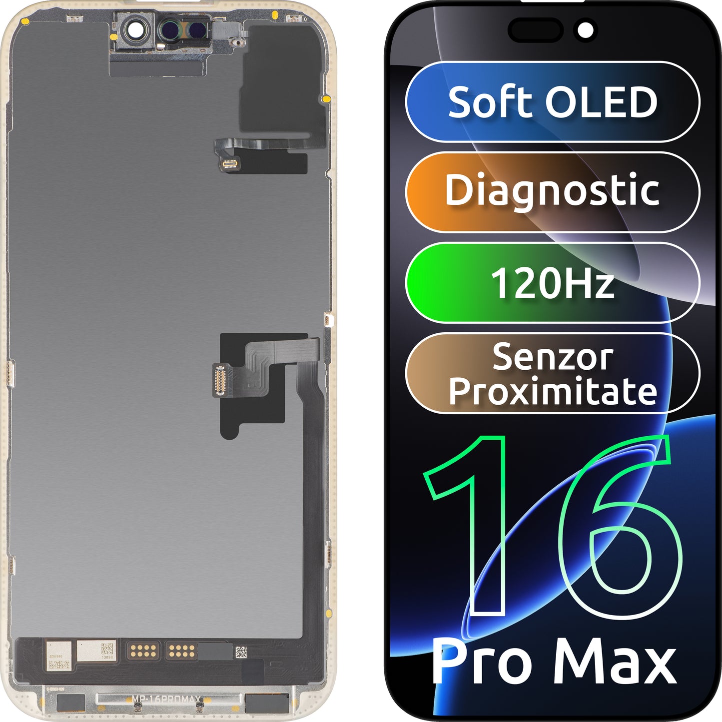 Display cu Touchscreen si Senzor Proximitate MP compatibil cu Apple iPhone 16 Pro Max, cu Rama, Versiune Soft OLED FHD 120Hz Diagnostic, Negru