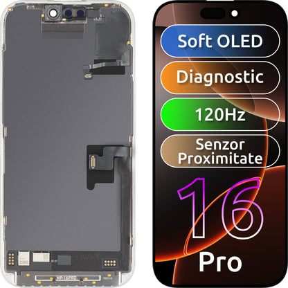 Display cu Touchscreen si Senzor Proximitate Lumina MP compatibil cu Apple iPhone 16 Pro, cu Rama, Versiune Soft OLED FHD 120Hz Diagnostic, Negru