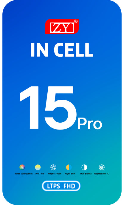 Display cu Touchscreen ZY pentru Apple iPhone 15 Pro, cu Rama, Versiune LCD In-Cell IC Movable, Negru