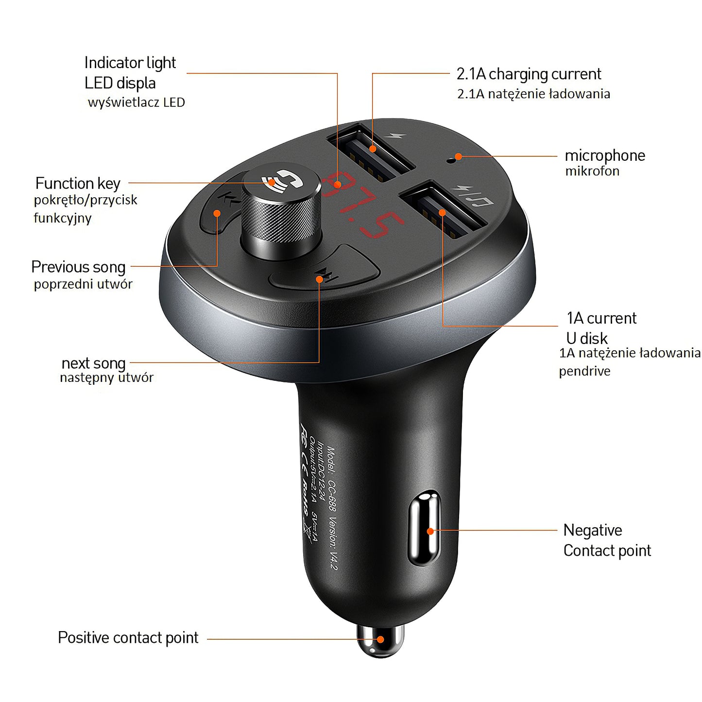 Modulator FM Bluetooth McDodo, 2 x USB-A