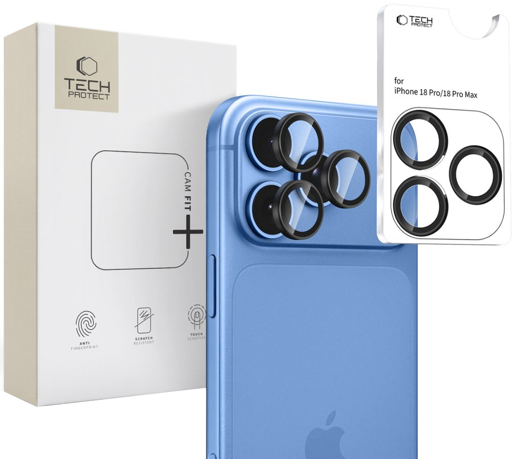 Folie de protectie Camera Spate Tech-Protect CamRing Fit+ pentru Apple iPhone 18 Pro / 18 Pro Max, Sticla Securizata, Neagra