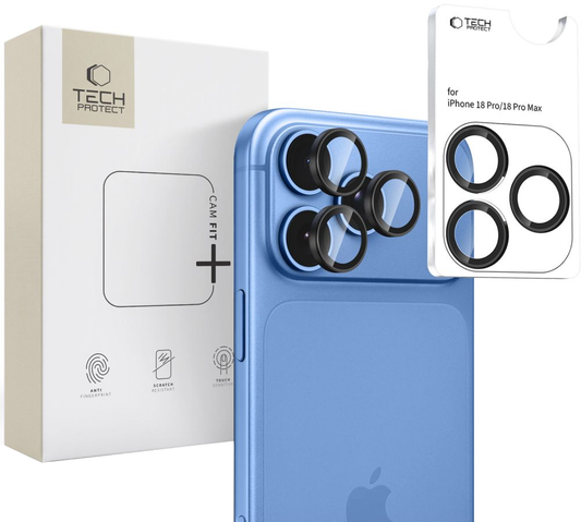 Folie de protectie Camera Spate Tech-Protect CamRing Fit+ pentru Apple iPhone 18 Pro / 18 Pro Max, Sticla Securizata, Neagra