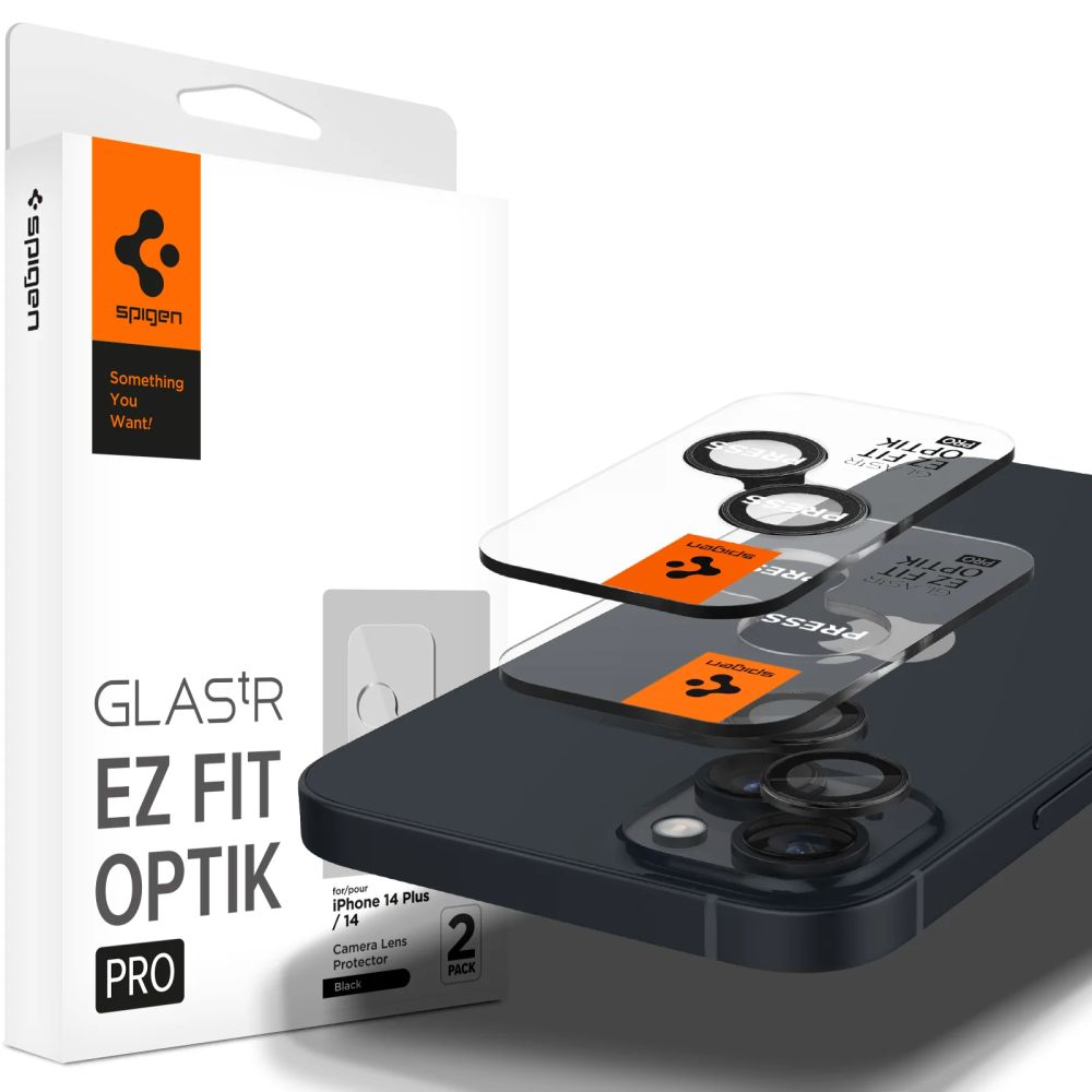 Folie de protectie Camera Spate Spigen GlastR EZ FIT Optik Pro pentru Apple iPhone 15 Plus / 15, Sticla Securizata, Set 2 bucati, Neagra AGL05213