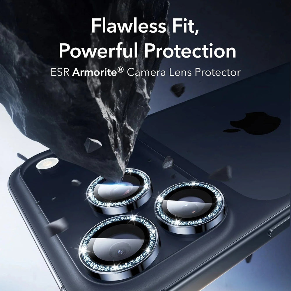 Folie de protectie Camera Spate ESR Glitter Diamond Armorite pentru Apple iPhone 17 Pro Max / 17 Pro, Sticla Securizata, Full Glue, Albastra