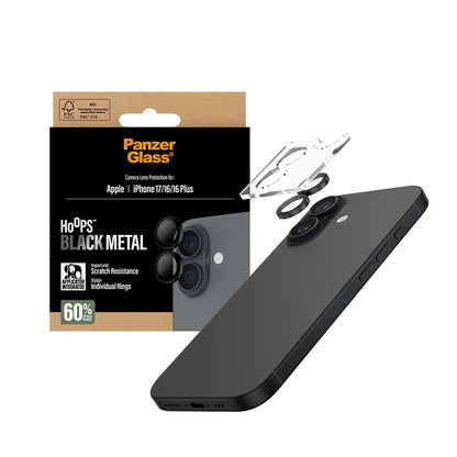 Folie de protectie Camera Spate PanzerGlass Hoops pentru Apple iPhone 17 / 16 Plus / 16, Sticla Securizata, Neagra