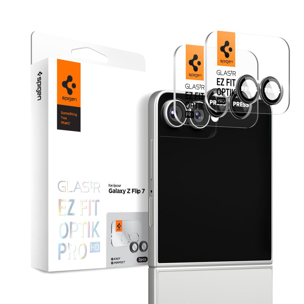 Folie de protectie Camera Spate Spigen GlastR EZ FIT Optik Pro HD pentru Samsung Galaxy Z Flip7 F766, Sticla Securizata, Set 2 bucati, Neagra AGL09587