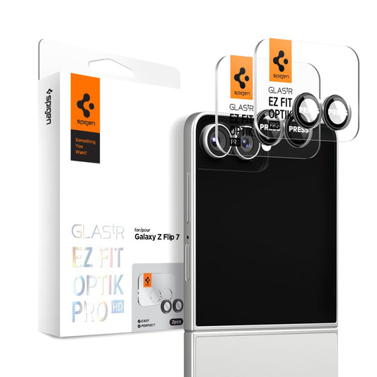 Folie de protectie Camera Spate Spigen GlastR EZ FIT Optik Pro HD pentru Samsung Galaxy Z Flip7 F766, Sticla Securizata, Set 2 bucati, Neagra AGL09587