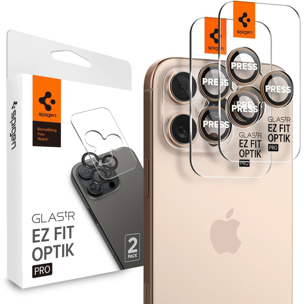 Folie de protectie Camera Spate Spigen GlastR EZ FIT Optik Pro pentru Apple iPhone 16 Pro, Sticla Securizata, Set 2 bucati, Bronz AGL08862