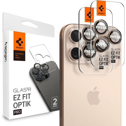 Folie de protectie Camera Spate Spigen GlastR EZ FIT Optik Pro pentru Apple iPhone 16 Pro, Sticla Securizata, Set 2 bucati, Bronz AGL08862