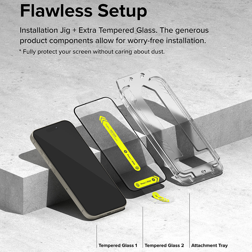 Folie de protectie Ecran Ringke Easy Slide pentru Apple iPhone 16 Pro, Sticla Securizata, Full Glue, Set 2 bucati, Neagra